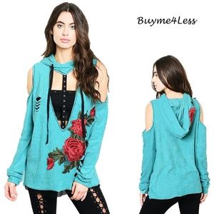 Moto Hippie Distressed Hoodie Tunic Sweater Top AQ